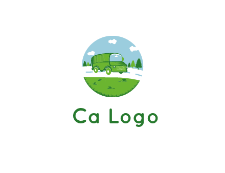 Camper van or bus on a road surrounded by grass, trees and the blue sky