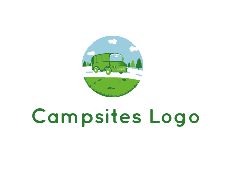Camper van or bus on a road surrounded by grass, trees and the blue sky