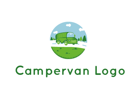 Camper van or bus on a road surrounded by grass, trees and the blue sky