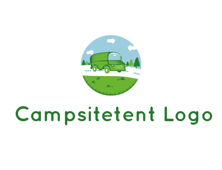 Camper van or bus on a road surrounded by grass, trees and the blue sky