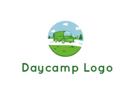 Camper van or bus on a road surrounded by grass, trees and the blue sky