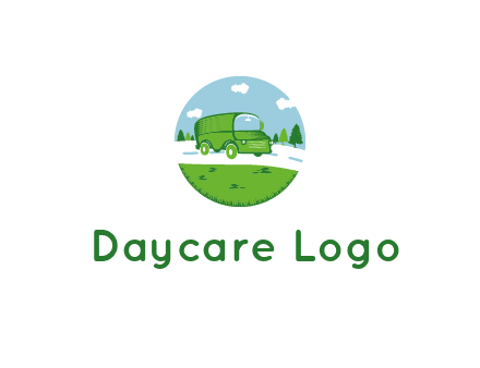 Camper van or bus on a road surrounded by grass, trees and the blue sky