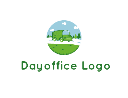Camper van or bus on a road surrounded by grass, trees and the blue sky