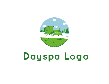 Camper van or bus on a road surrounded by grass, trees and the blue sky