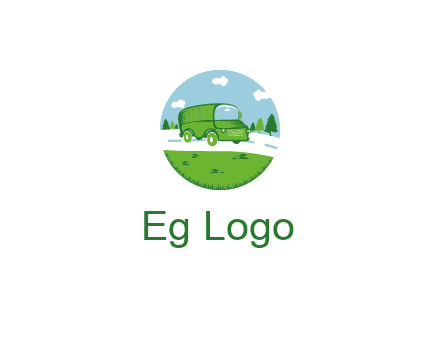 Camper van or bus on a road surrounded by grass, trees and the blue sky