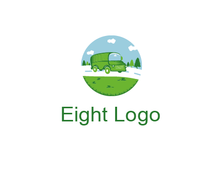 Camper van or bus on a road surrounded by grass, trees and the blue sky