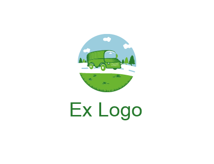 Camper van or bus on a road surrounded by grass, trees and the blue sky