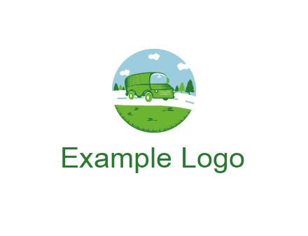 Camper van or bus on a road surrounded by grass, trees and the blue sky