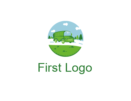 Camper van or bus on a road surrounded by grass, trees and the blue sky