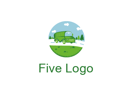 Camper van or bus on a road surrounded by grass, trees and the blue sky