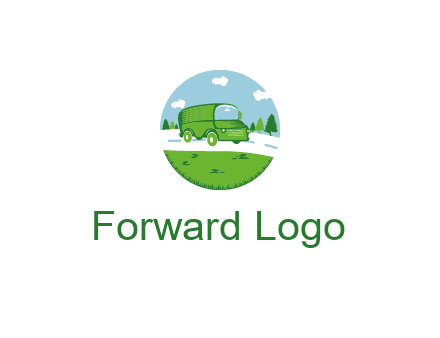 Camper van or bus on a road surrounded by grass, trees and the blue sky