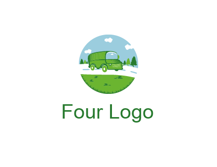 Camper van or bus on a road surrounded by grass, trees and the blue sky