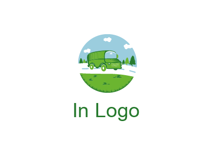 Camper van or bus on a road surrounded by grass, trees and the blue sky