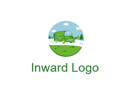 Camper van or bus on a road surrounded by grass, trees and the blue sky