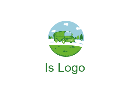 Camper van or bus on a road surrounded by grass, trees and the blue sky