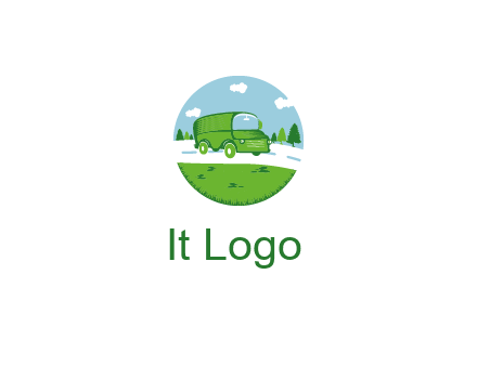 Camper van or bus on a road surrounded by grass, trees and the blue sky