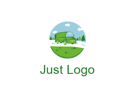 Camper van or bus on a road surrounded by grass, trees and the blue sky