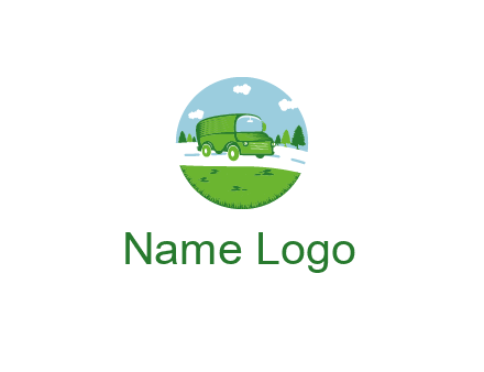 Camper van or bus on a road surrounded by grass, trees and the blue sky