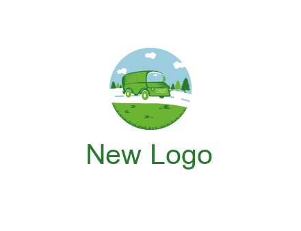 Camper van or bus on a road surrounded by grass, trees and the blue sky