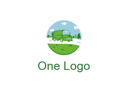 Camper van or bus on a road surrounded by grass, trees and the blue sky