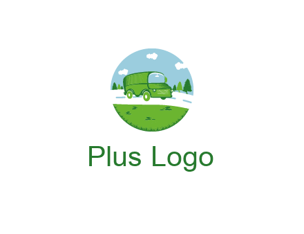 Camper van or bus on a road surrounded by grass, trees and the blue sky