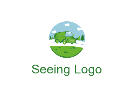 Camper van or bus on a road surrounded by grass, trees and the blue sky