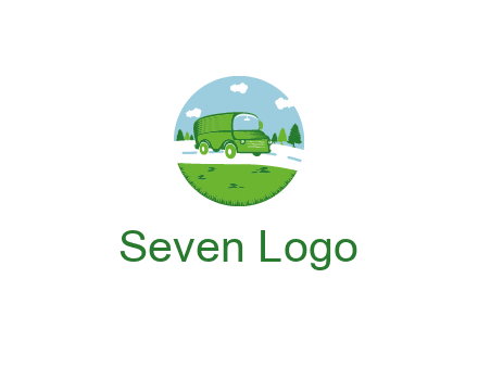 Camper van or bus on a road surrounded by grass, trees and the blue sky