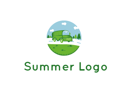 Camper van or bus on a road surrounded by grass, trees and the blue sky