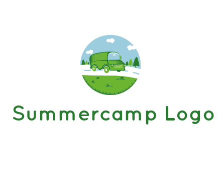 Camper van or bus on a road surrounded by grass, trees and the blue sky