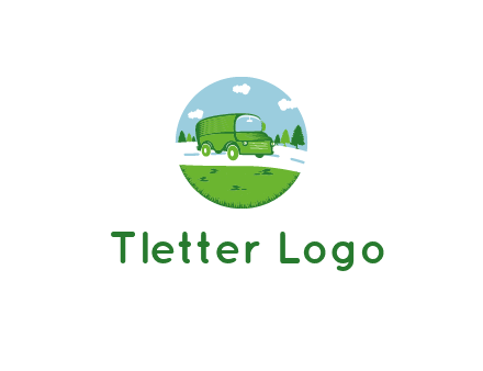 Camper van or bus on a road surrounded by grass, trees and the blue sky