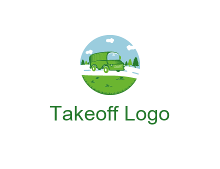 Camper van or bus on a road surrounded by grass, trees and the blue sky