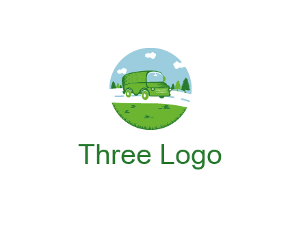 Camper van or bus on a road surrounded by grass, trees and the blue sky
