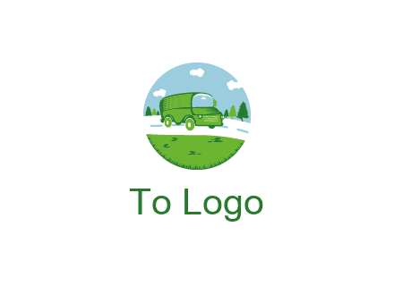 Camper van or bus on a road surrounded by grass, trees and the blue sky