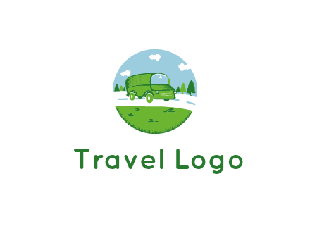 Camper van or bus on a road surrounded by grass, trees and the blue sky