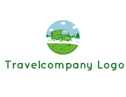 Camper van or bus on a road surrounded by grass, trees and the blue sky