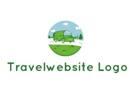 Camper van or bus on a road surrounded by grass, trees and the blue sky