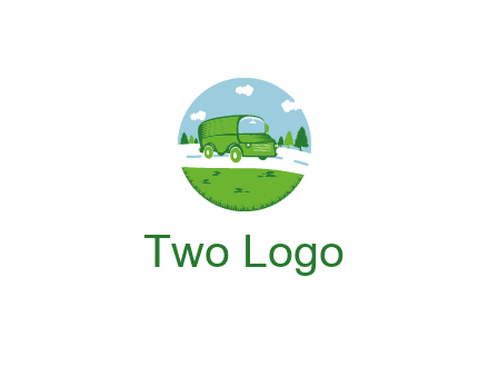 Camper van or bus on a road surrounded by grass, trees and the blue sky