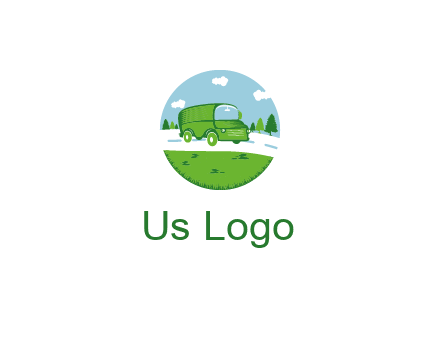 Camper van or bus on a road surrounded by grass, trees and the blue sky