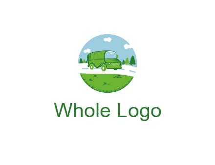 Camper van or bus on a road surrounded by grass, trees and the blue sky