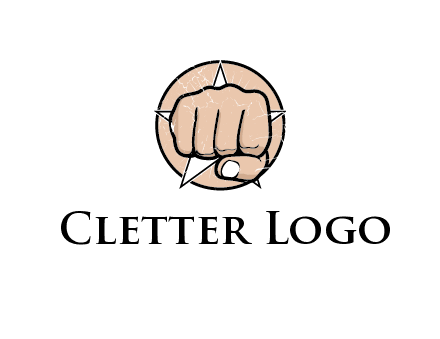 fist coming out of a star shaped rip in a circle logo
