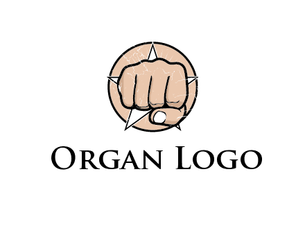 fist coming out of a star shaped rip in a circle logo