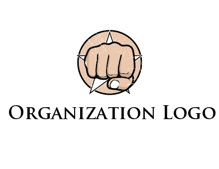 fist coming out of a star shaped rip in a circle logo