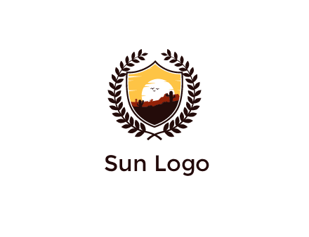 desert and setting sun inside a badge shaped vector surrounded by a wreath