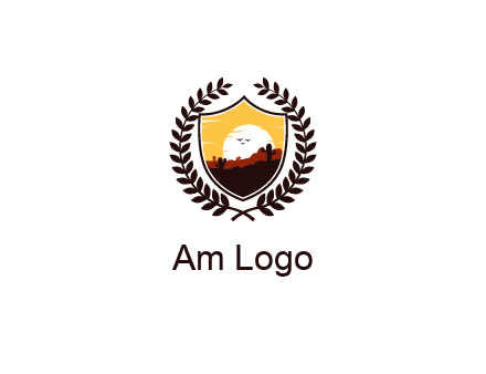 desert and setting sun inside a badge shaped vector surrounded by a wreath
