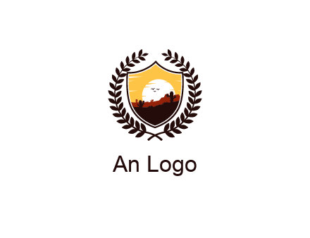 desert and setting sun inside a badge shaped vector surrounded by a wreath