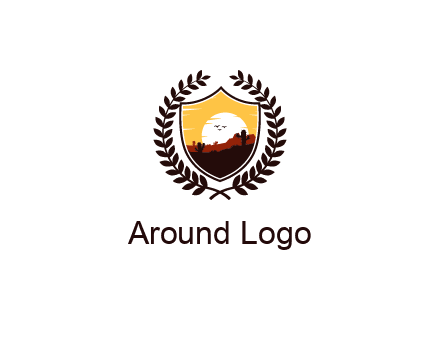 desert and setting sun inside a badge shaped vector surrounded by a wreath