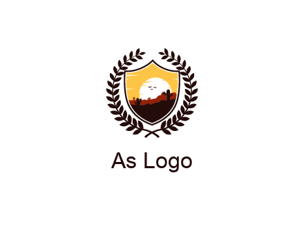 desert and setting sun inside a badge shaped vector surrounded by a wreath