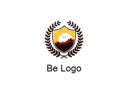 desert and setting sun inside a badge shaped vector surrounded by a wreath