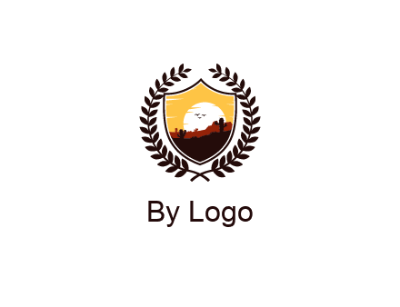 desert and setting sun inside a badge shaped vector surrounded by a wreath