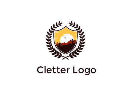 desert and setting sun inside a badge shaped vector surrounded by a wreath
